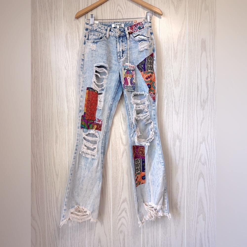 Almost Famous Vintage Jeans Size 3 Acid Wash Patch Distressed Destroyed Flare